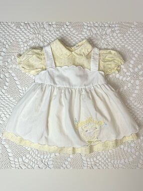 Vintage 1980s Mayfair Baby Girl 12-18 Months Yellow Love Bird Pinafore Dress Set